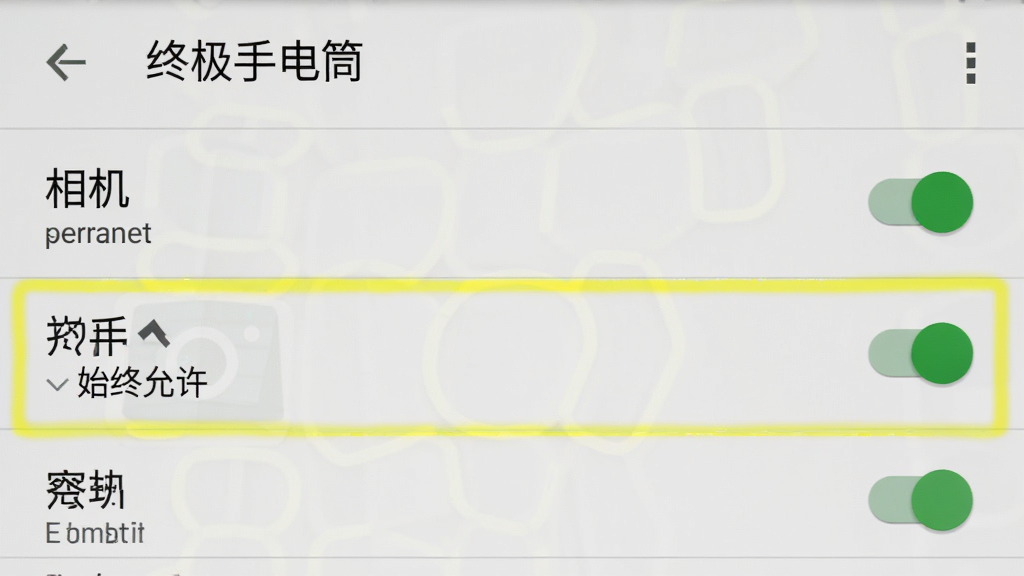 一部安卓手机显示设置界面,列表中“相机”权限选项被高亮标注为“始终允许”,界面风格为安卓原生设置页,顶部有“终极手电筒”应用名称,画面布局居中,细节包括权限开关的绿色状态、列表文字清晰,画质高清,干净,无多余元素