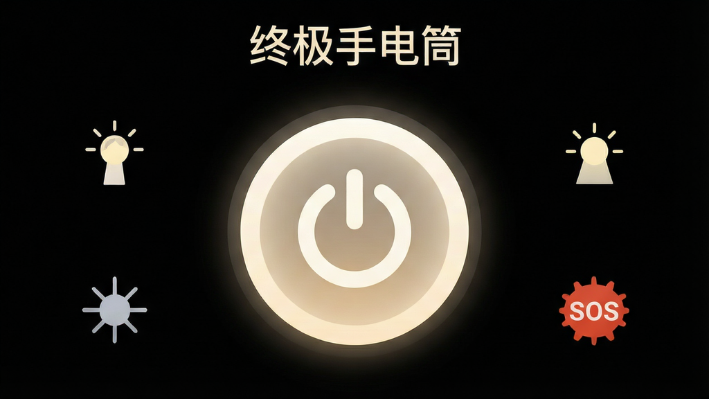 一个极简风格的手机应用界面截图,中央是一个巨大的圆形电源开关按钮,按钮发出柔和的暖白色光芒,周围环绕着四个小图标分别代表强光、弱光、爆闪、SOS,背景为深黑色,顶部有“终极手电筒”字样,整体排版对称居中,风格扁平化设计,细节包括按钮的微光渐变、图标线条锐利,画质清晰,干净,无多余元素