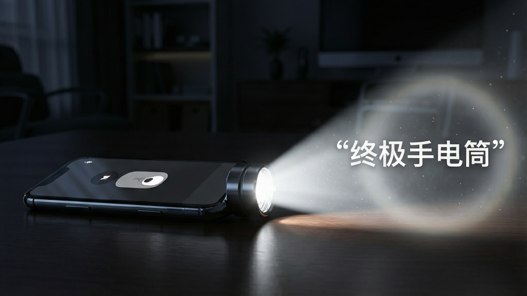一部现代智能手机平放在深色桌面上,屏幕亮起显示简洁的手电筒开关界面,背景是昏暗的室内环境,一束明亮的白色光束从手机闪光灯射出照亮前方区域,画面布局左侧为手机主体,右侧为光束照射出的光晕与文字“终极手电筒”,整体风格写实科技感,细节包括手机边框反光、光束中的微尘颗粒、界面UI按钮清晰可见,画质高清,干净,无多余元素