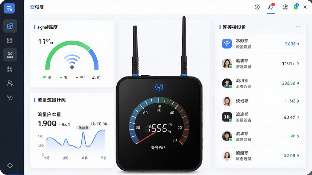 ����������������ȫòչʾ������Ϊ�����������������WiFi�豸���Űڷţ����������ʾ�ź�ǿ��������ͳ�ƣ��Ҳ�Ϊ�������豸�б����Ű��������������Ϊ�ִ��Ƽ���Լ�磬ϸ�ڰ�����ɫָʾ�ơ��źŲ���ͼ�ꡢ���������Ǳ��̣����ʸ��壬�ɾ����޶���Ԫ��
