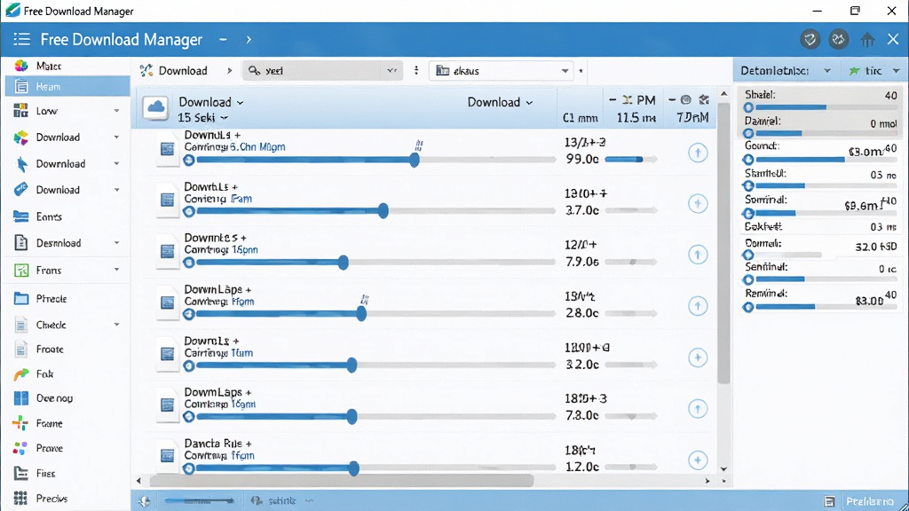 Free Download Manager����������ȫ��չʾ������Ϊ���������б�������ʾ����ļ������Բ�ͬ�ٶ����أ����Ϊ���ܵ�������������ͼ�꣬�Ҳ�Ϊ��ϸ״̬��壬�������������ɫ����������ɾ����࣬���Ϊ�ִ�����UI��ƣ�ϸ�ڰ������������ٶ���ֵ��ʣ��ʱ�����Ϣ�����������������޶���Ԫ�ظ���