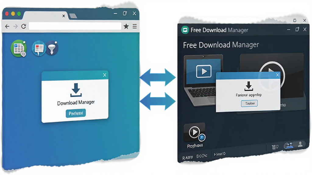 Free Download Manager���������ʾ��ͼ���������Ϊ��������ڣ��Ҳ�ΪFree Download Manager�������棬����֮����˫���ͷ���ӱ�ʾ���ݽ��������Ϊ�ִ��Ƽ��廭��ϸ�ڰ�����չͼ�ꡢ���ص�������Ƶ����ť��Ԫ�أ����ʸɾ����޶���Ԫ��