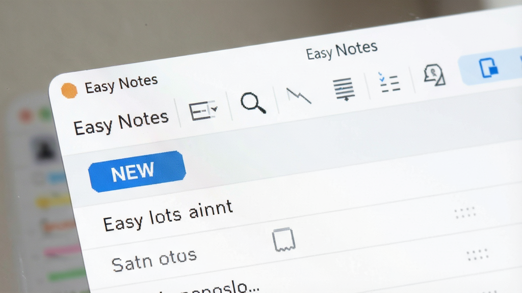 一张Easy Notes极简界面的特写图,主体是软件主窗口,布局为顶部工具栏加下方笔记列表,排版干净,风格为清新浅色,细节包括白色背景、灰色分割线、蓝色新建按钮,画质清晰干净,画面中文字为“Easy Notes”