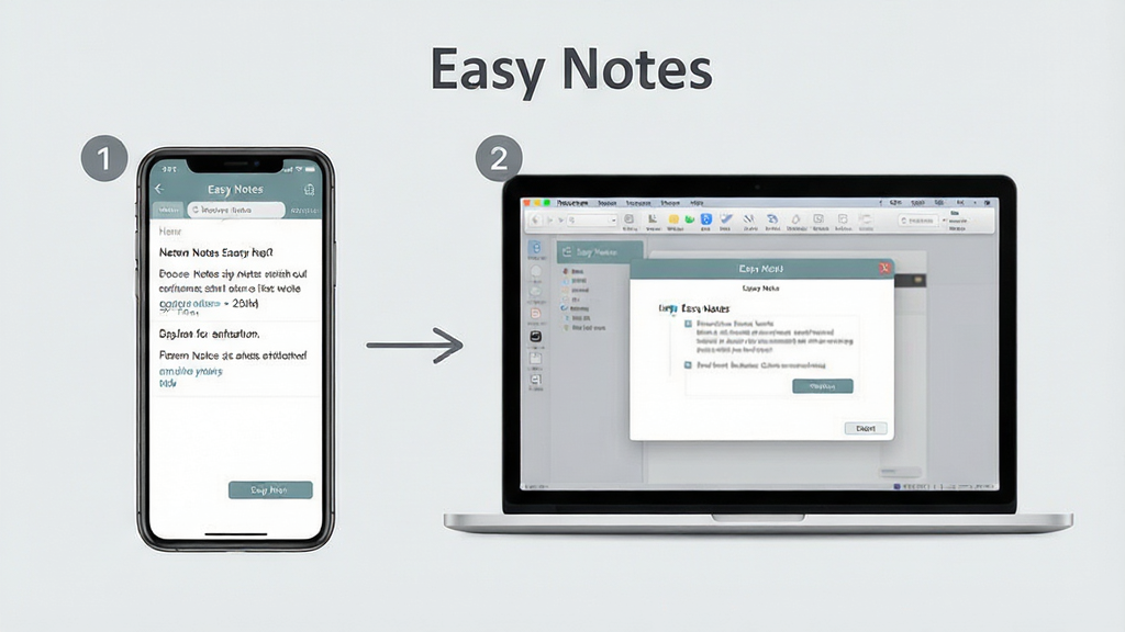 一张Easy Notes使用教程示意图,主体是手机和电脑并排展示,布局为左侧手机显示新建笔记界面,右侧电脑显示导出备份窗口,排版清晰,风格为清爽素雅,细节包括箭头指引、步骤编号、浅灰色背景,画质清晰干净,画面中文字为“Easy Notes”