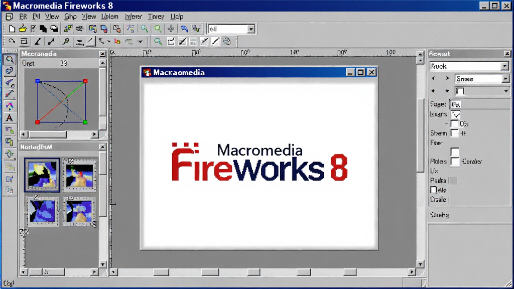 һ��չʾ Macromedia Fireworks 8 �������������빤������ͼƬ������Ϊ����Ķ����༭���ڣ����־�����ʾ����Logo�빤�������Ű��������������Ϊ����������ͼ�磬ϸ�ڰ���ʸ��·����λͼ����ͼ��������壬���������ɾ����޶���Ԫ�أ���Ļ������Ϊ��Macromedia Fireworks 8����