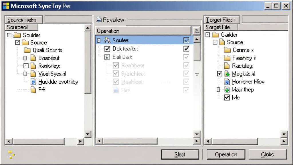 һ��չʾ Microsoft SyncToy Ԥ��ͬ���������ڵ�ͼƬ������Ϊ�ļ��б����ڣ�����Ϊ���Դ�ļ������νṹ���Ҳ�Ŀ���ļ������νṹ���м�Ϊ����Ԥ���б������Ϊ���� Windows �Ի�����ϸ�ڰ����ļ�ͼ�ꡢ��ѡ��Ͳ�����ť�������������ɾ����޶���Ԫ��