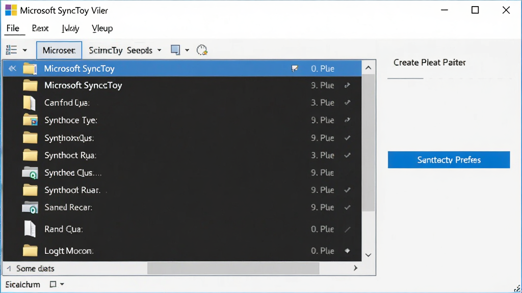 һ��չʾ Microsoft SyncToy �����������ͼƬ������Ϊ�������ھ��У������ʾͬ�����б����Ҳ���ʾ������ͬ���԰�ť�������������Ű��࣬���Ϊ�ִ��칫�������棬ϸ�ڰ�����ɫ������ť���ļ���ͼ�꣬�����������ɾ����޶���Ԫ��