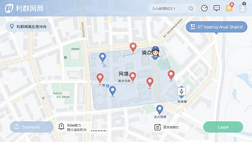 利群网商应用内订单配送地图界面,显示骑手位置与预计送达时间,背景为城市街区简图,界面风格清爽,文字标注“利群网商”