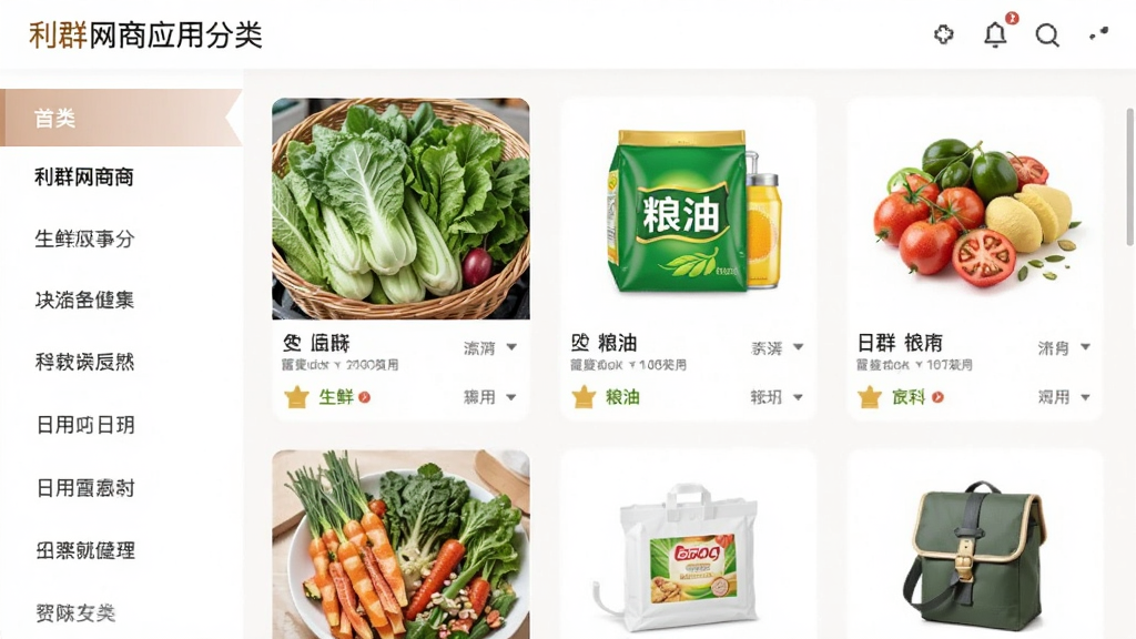 利群网商应用分类页面截图,左侧竖排分类导航,右侧展示生鲜、粮油、日用等商品缩略图,整体排版整齐,色调柔和,画质清晰