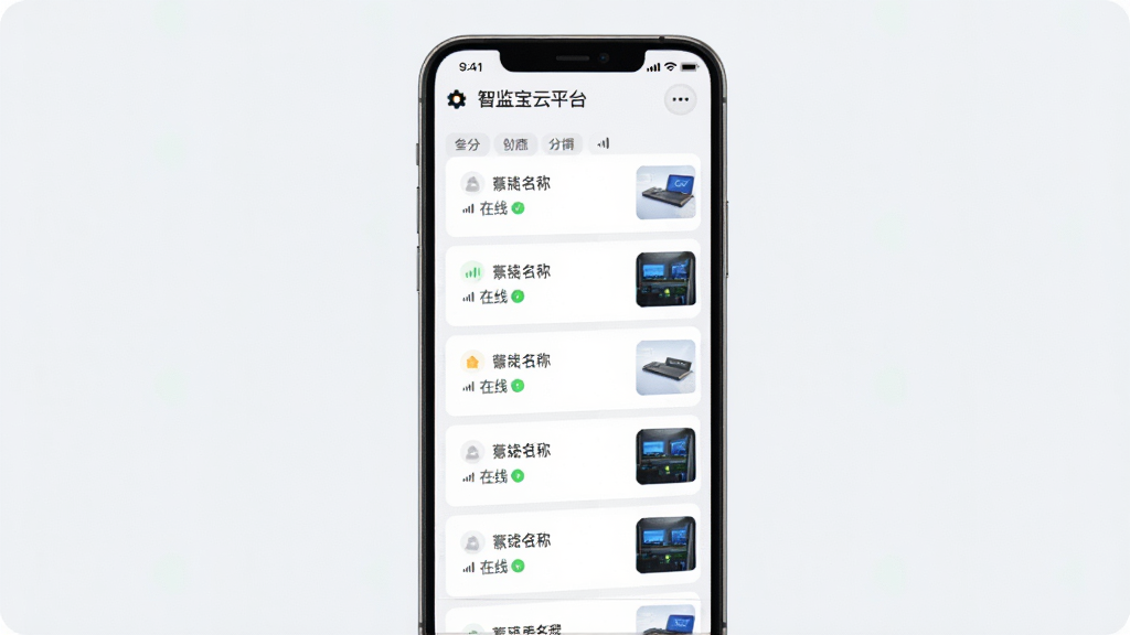 �Ǽ౦��ƽ̨���豸�������棬����չʾ�ֻ���Ļ�ϵ��豸�б���ÿ̨�豸��ʾ���ơ�����״̬������ͼ������Ϊ��ֱ�б����Ű����룬���Ϊ��ˬǳɫ��ϸ�ڰ��������ǩ���ź�ͼ�ꡢ���ఴť�����ʸ��壬�ɾ����޶���Ԫ�ء�