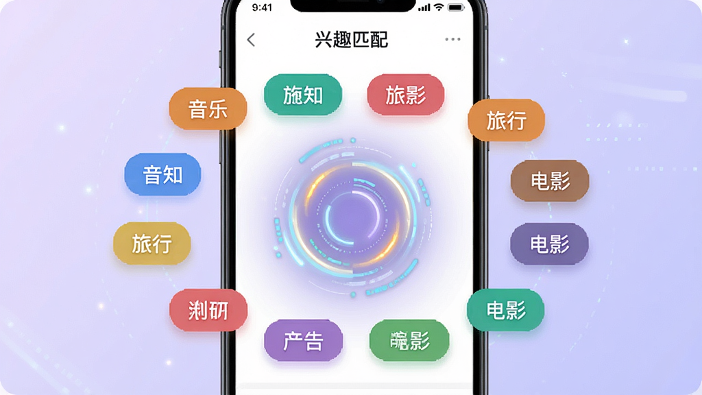 一张展示相知网智能匹配功能的界面截图,画面中一部手机屏幕上显示着“兴趣匹配”页面,多个彩色兴趣标签如音乐、旅行、电影等环绕排列,中央有一个动态的匹配光晕效果,背景是淡紫色渐变,风格科技感十足,细节精致,画质清晰,干净无多余元素