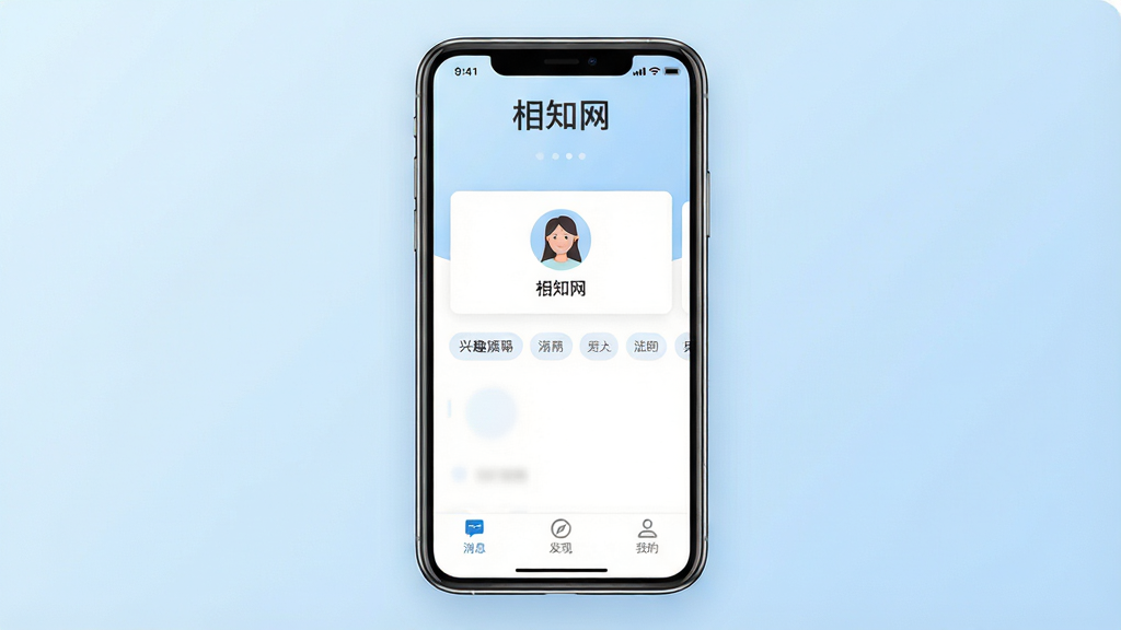 一张展示相知网软件界面的手机预览图,画面中央是一部智能手机,屏幕上显示着相知网APP的主界面,界面设计简洁清新,顶部有“相知网”三个字的Logo,中间是用户头像卡片和兴趣标签,底部有消息、发现、我的等导航按钮,背景为柔和的浅蓝色渐变,风格现代简约,细节清晰,画质高清,干净无多余元素