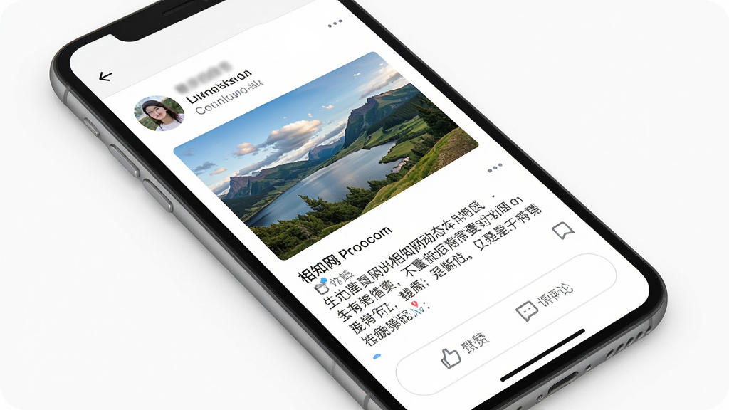 一张展示相知网动态社区界面的手机截图,画面中手机屏幕上显示着用户发布的图文动态,有风景照片和文字描述,下方有点赞和评论按钮,背景是清爽的白色,风格简洁明快,细节清晰,画质高清,干净无多余元素