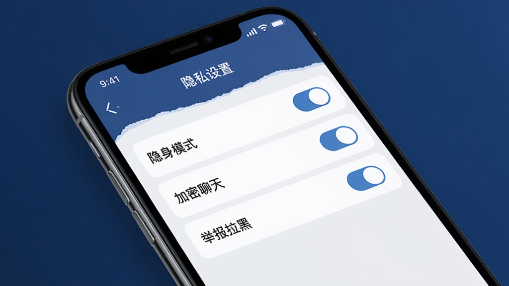 一张展示相知网隐私安全设置的界面图,画面中一部手机屏幕上显示着“隐私设置”页面,有隐身模式、加密聊天、举报拉黑等选项开关,背景是深蓝色调,风格稳重安全,细节精致,画质清晰,干净无多余元素