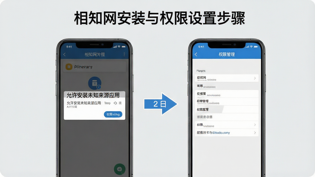 一张展示相知网安装与权限设置步骤的示意图,画面中一部手机屏幕显示着“允许安装未知来源应用”和“权限管理”两个设置页面,旁边有箭头指示操作步骤,背景是浅灰色,风格教程化,细节清晰,画质高清,干净无多余元素