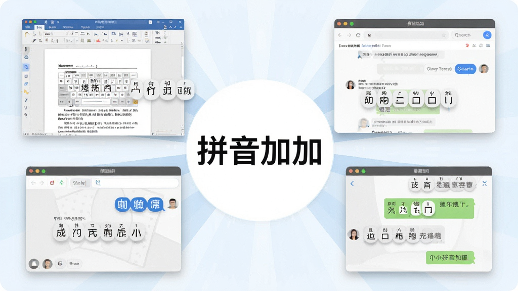 һ��չʾƴ���Ӽ����뷨�ڶ�������������ʹ�õĺϳ�ͼ������Ϊ����������ڻ������У�����Ϊ���ķ���״�Ű棬���Ϊ�ִ��칫�����廭��ϸ�ڰ����ĵ��༭���桢��ҳ����������Ի���ÿ�������ж���ƴ�������ѡ�ʸ��֣����ʸ��塢�ɾ����޶���Ԫ�أ�������������ʾ��ƴ���Ӽӡ�