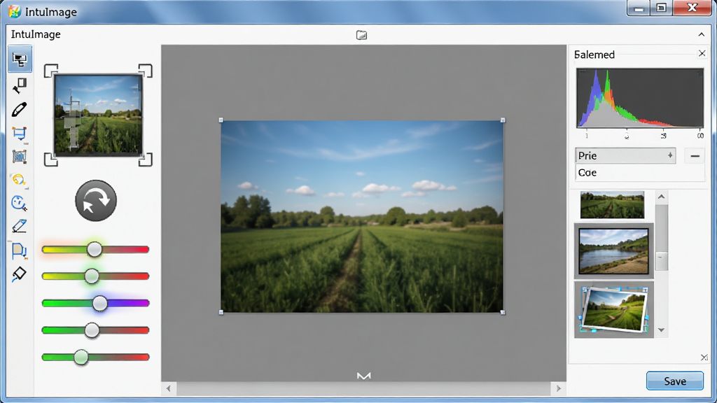 IntuImage������ͼƬ�༭���ܽ��棬�������������ơ�IntuImage����ʾ�ڶ����˵����������ǲü�����ת��ť��ɫ�ʵ��ڻ��ˣ�����Ϊ��๤�������м�༭�������Ҳ������壬���ƫ��ʵ�ù��߷磬ϸ�ڰ���ֱ��ͼ��Ԥ������ͼ�ͱ��水ť�����ʸ��壬����ɾ����޶���Ԫ��