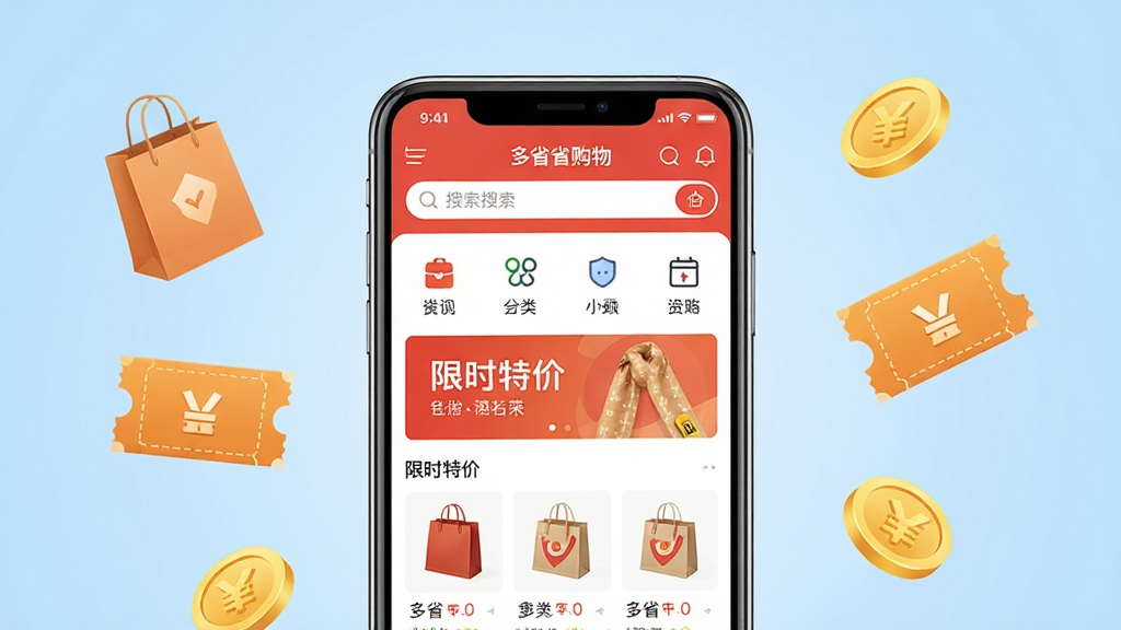 ��ʡʡ����Ӧ��������չʾ�������������һ�������ֻ�����Ļ��ʾ��ʡʡ����APP��ҳ�����������򡢷���ͼ�ꡢ��ʱ�ؼۺ������Ʒ�б�������Ϊǳ��ɫ���䣬��Χ�������ɹ�������Ż�ȯ�����Ԫ�ء����岼�־��жԳƣ�������¼�࣬ϸ����ͻ��