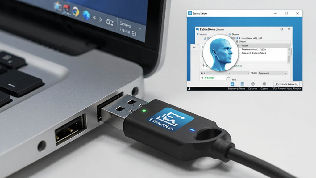 ����չʾһ�� U �̲������ USB �ӿڣ�U ������ʾ ExtractNow ͼ�꣬������Ļ��ʾ�������н��棬����Ϊ�ɾ����棬���Ϊдʵ�Ƽ���ϸ���� U ��ָʾ�ƺ��������ڣ������������ɾ����޶���Ԫ��