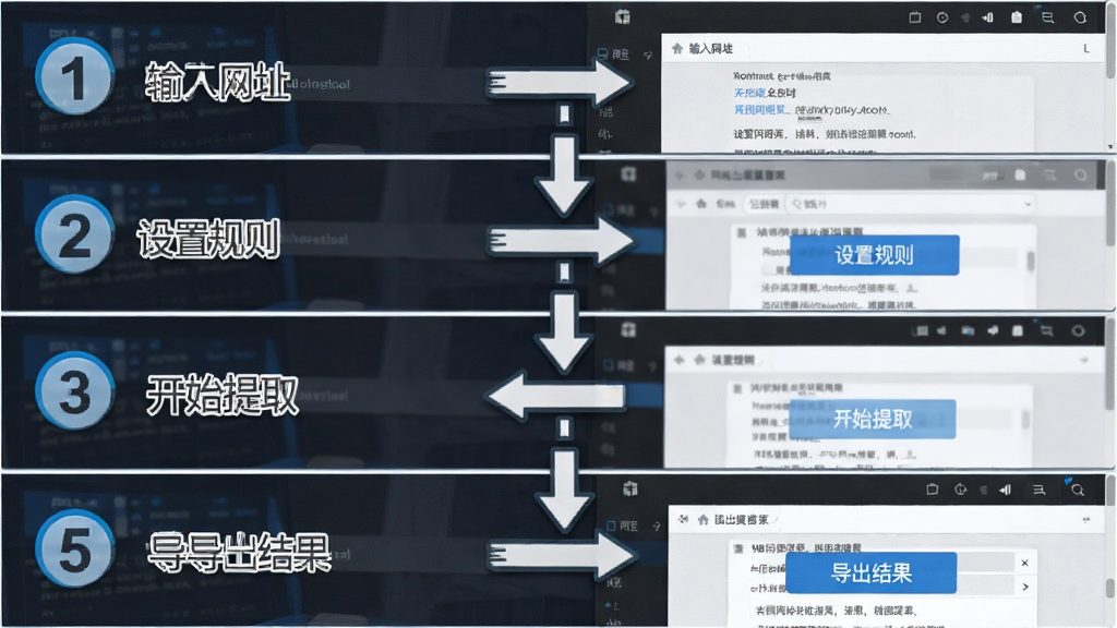 Website Extractor ʹ�ý̳̲���ʾ��ͼ������Ϊ�����������̵��ĸ������ͼƴ�ӣ����ִ��ϵ�������Ϊ������ַ�����ù��򡢿�ʼ��ȡ������������Ű�Ϊ��������ͼ��񣬷��Ϊ��ѧ��ʾ���棬ϸ�ڰ��������š���ͷָʾ��������ť���������ʸ��壬�ɾ����޶���Ԫ��