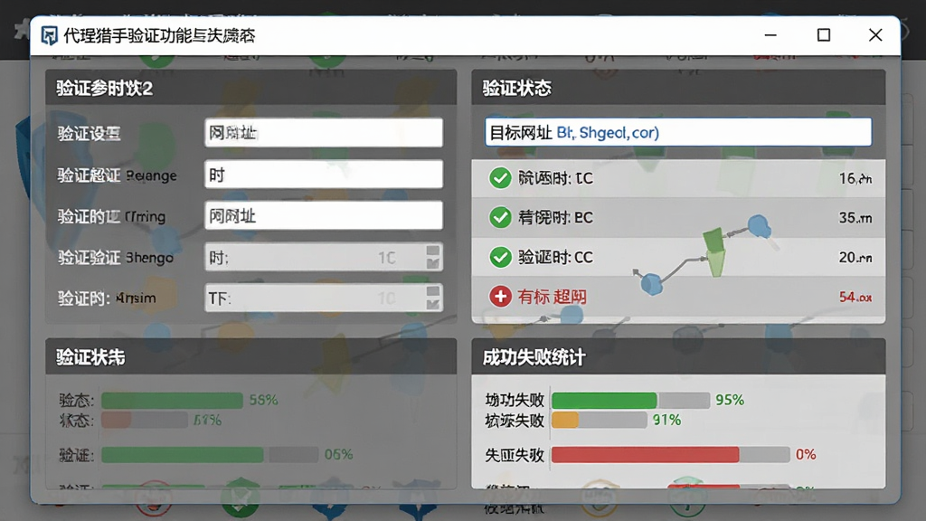 一张展示代理猎手验证功能的界面图,主体为代理验证进度窗口,布局包含验证参数设置区、验证状态列表、成功失败统计,排版规整,风格为实用工具类写实风,细节包括验证超时输入框、目标网址栏、绿色通过标记、红色失败标记,画质清晰,干净,无多余元素