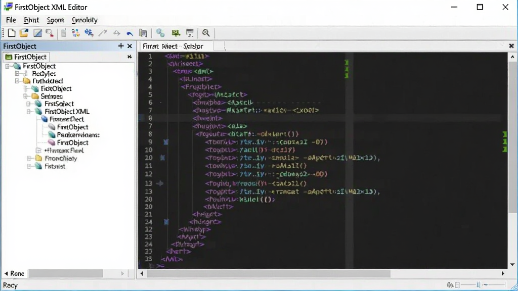 �����������ͼ������������ʾ FirstObject XML Editor �������ڣ����Ϊ���� XML �ṹ������壬�Ҳ�Ϊ��ɫ�﷨������ XML ����༭���򣬴��ڶ����в˵����͹����������岼�����������Ϊ�ִ� Windows ����Ӧ�ã�ǳɫ���⣬�ɾ��������޶���Ԫ�أ����廭��