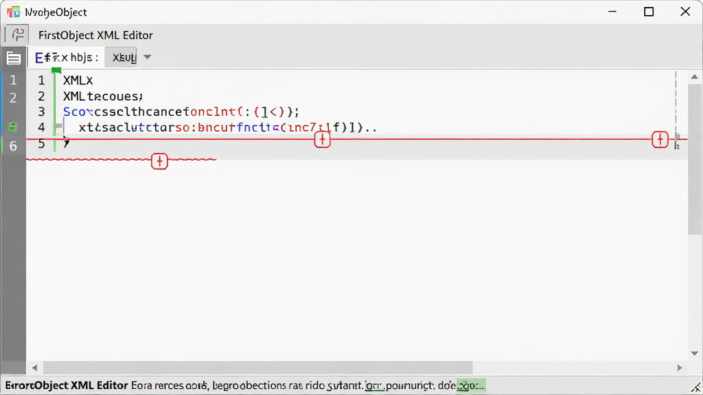 FirstObject XML Editor ������������ʾ XML �﷨������ʾ�Ľ�ͼ���༭����ĳһ�д����·����ֺ�ɫ�����߻�����ǣ�״̬����ʾ����������Ϣ������ɾ����࣬ǳɫ���⣬���廭�ʣ��޶���Ԫ��