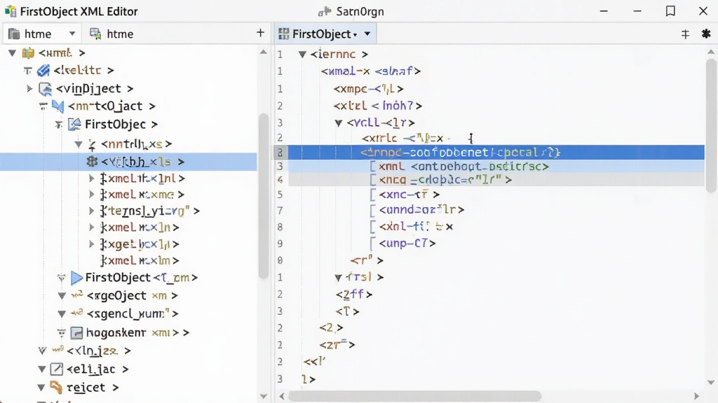 һ��չʾ FirstObject XML Editor ���ε������ܵĽ����ͼ��������νṹ�ж�� XML �ڵ�չ����������ʾ��ǰѡ�нڵ㣬�Ҳ��������ͬ��������Ӧ�����У��������࣬ǳɫ���������廭�ʣ��ɾ��޶���Ԫ��