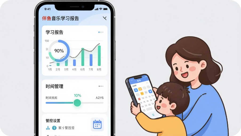 ��������ѧϰ������ҳ��ܿؽ��棬����չʾ�ֻ���Ļ��ѧϰ����ͼ����ʱ��������飬�Ա��мҳ��뺢��һ���ֻ��Ŀ�ͨ���󣬱���Ϊǳ��ɫ�������Ϸ�Ϊ����ͼ���·�Ϊ�ܿ����ã�����Լ�ִ���ϸ�ڰ������Ȼ�������ͼ�꣬���ʸ��壬�ɾ�����