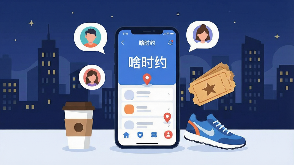 一张展示同城社交场景的插画,画面中央是手机屏幕显示“啥时约”应用界面,屏幕周围环绕着咖啡杯、电影票、运动鞋等代表线下活动的元素,背景是城市夜景剪影,布局采用中心对称构图,排版清晰,风格为现代扁平化插画,细节包含人物头像气泡和定位图标,画质高清,干净,无多余元素