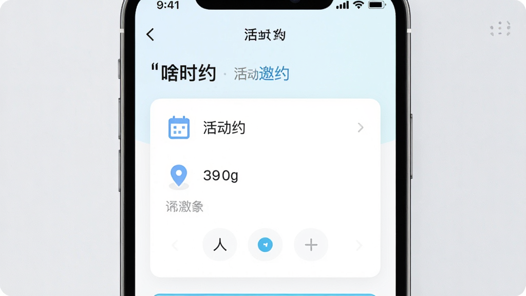 生图提示词:手机界面展示“啥时约”发布邀约的表单页面,主体是填写活动信息的卡片,布局为上下结构,排版简洁,风格为清新浅色UI,细节包含日历图标、定位图标和人数选择器,画质高清,干净,无多余元素