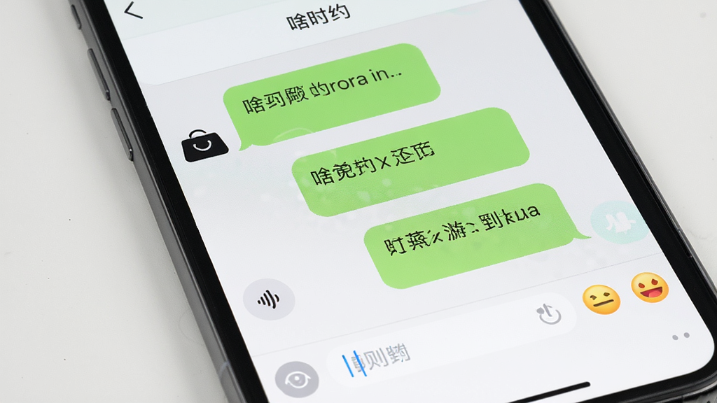生图提示词:一部手机屏幕展示“啥时约”聊天对话界面,主体是聊天气泡和输入框,布局为垂直排列,排版清晰,风格为现代简约风,细节包含语音按钮和表情图标,画质高清,干净,无多余元素