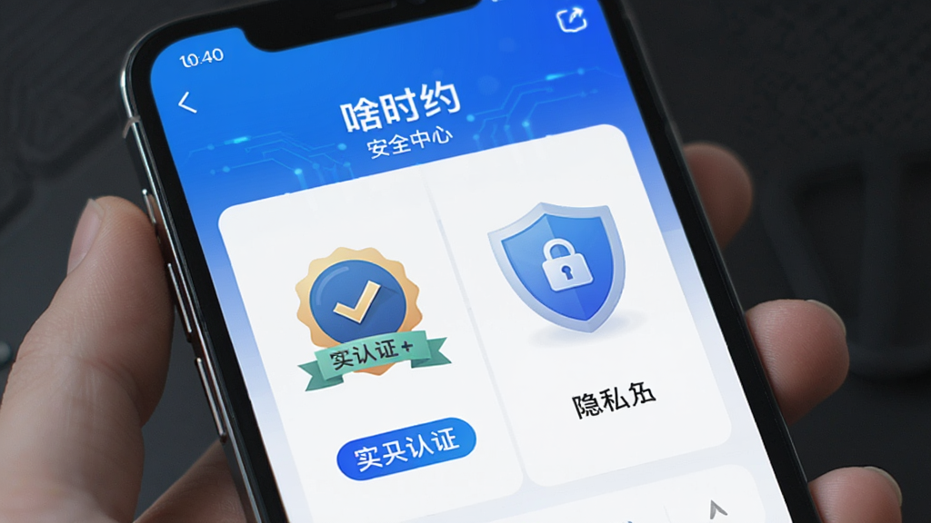 生图提示词:手机屏幕展示“啥时约”安全中心页面,主体是认证徽章与防护盾牌图标,布局为居中排列,排版对称,风格为安全科技风,细节包含实名认证标签和隐私锁图标,画质高清,干净,无多余元素
