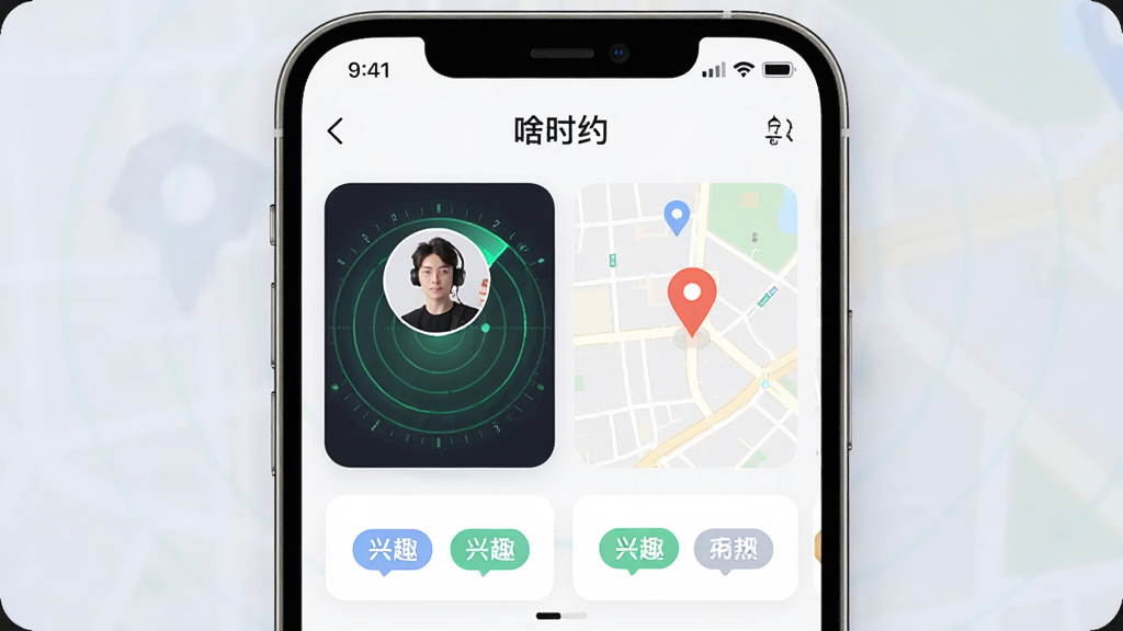 一幅AI生图,主体是手机屏幕展示“啥时约”的匹配列表界面,布局为左右分栏,左侧是用户头像卡片,右侧是地图定位点,排版整齐,风格为科技感UI风格,细节包含雷达扫描波纹和兴趣标签图标,画质清晰,干净,无多余元素