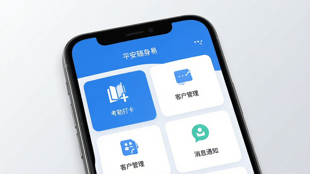 平安随身易移动办公应用主界面预览图,画面中央展示一部智能手机,手机屏幕内呈现蓝白色调的办公应用界面,包含考勤打卡、客户管理、消息通知等模块图标,背景为干净的浅灰色渐变,风格简洁商务,细节清晰,画质高清,画面干净无多余元素