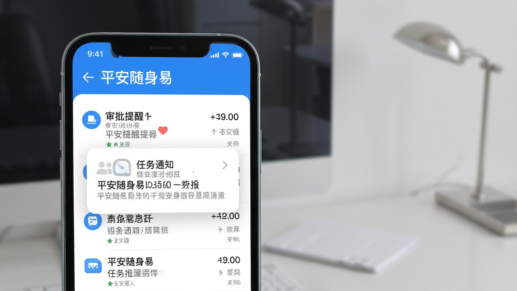平安随身易消息推送功能界面预览图,手机屏幕显示消息列表与弹窗通知,包含审批提醒和任务通知,界面为蓝白配色,风格清爽简约,布局整齐,细节丰富,画质高清,干净无多余元素