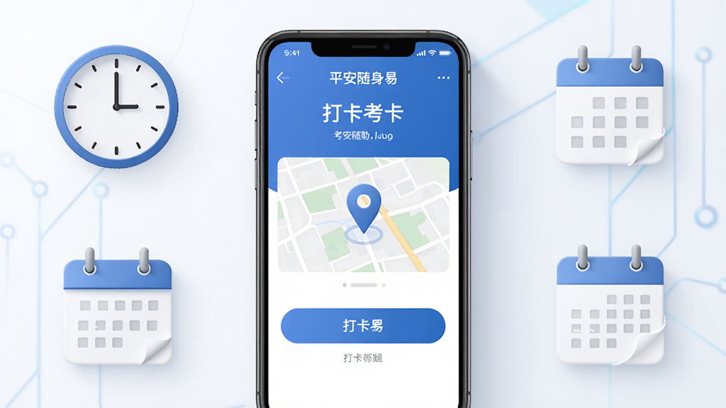 平安随身易考勤打卡功能界面展示图,画面中央一部手机,屏幕显示考勤打卡页面,有打卡按钮和地图定位标记,周围环绕时钟和日历图标,布局简洁,风格商务科技感,细节清晰,画质高清,干净无多余元素