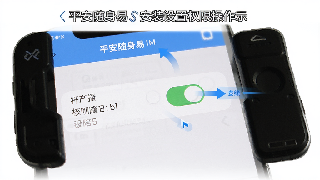 平安随身易安装设置权限操作示意图,画面展示手机设置界面的权限开关,旁边有箭头指示操作步骤,风格扁平化,配色清爽,布局清晰,细节到位,画质高清,干净无多余元素