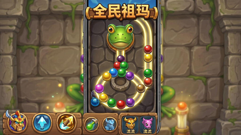 ��������չʾһ����Ϊȫ��������ֻ���Ϸ�����棬����Ϊɫ�����޵����굯��������������ֲ��������ֻ���Ļ�������Ű��϶���Ϊ��Ϸ����ȫ�����꣬�в�Ϊ���ܷ��������ɫ���������ײ�Ϊ���ܰ�ť������ѡ���������Ϊ��ͨ����봫��Ԫ�ػ�ϸ�ڰ������ֲ�ͬ��ɫ�ĵ��顢������������ʯ�屳�������������������ɾ��޶���Ԫ��