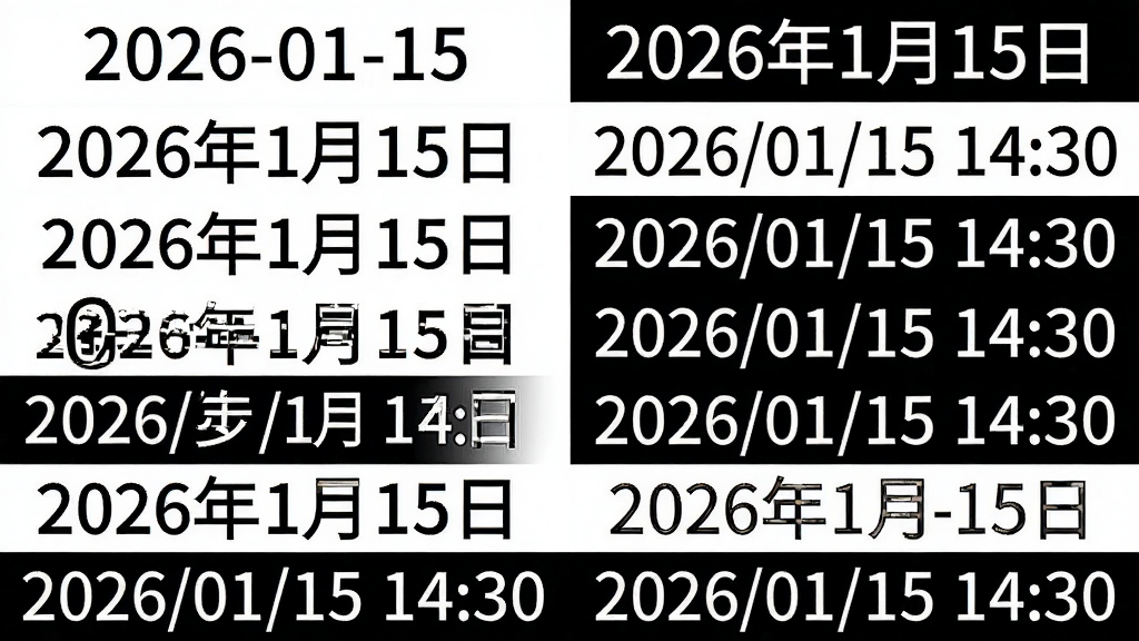 һ��չʾ�������ڸ�ʽ���е�ͼ����ͼ�����г���2026-01-15����2026��1��15�ա���2026/01/15 14:30���Ȳ�ͬ��ʽʾ��������Ϊ��ɫ�����������������רҵ���޶���Ԫ��