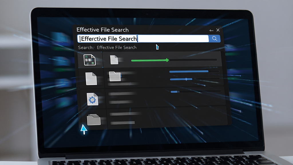 һ̨�ʼǱ�������Ļ��д����Ļ����ʾ Effective File Search ���ڷ��������ļ�������������ؼ��ʺ����б�˲��ˢ�£���������ٶȸ�����������ͻ���������棬���־��У����Ϊ�ִ����ֿƼ��У�ϸ�ڰ�����˸�Ĺ�ꡢ�ļ�ͼ�ꡢ�����������������ɾ����޶���Ԫ��