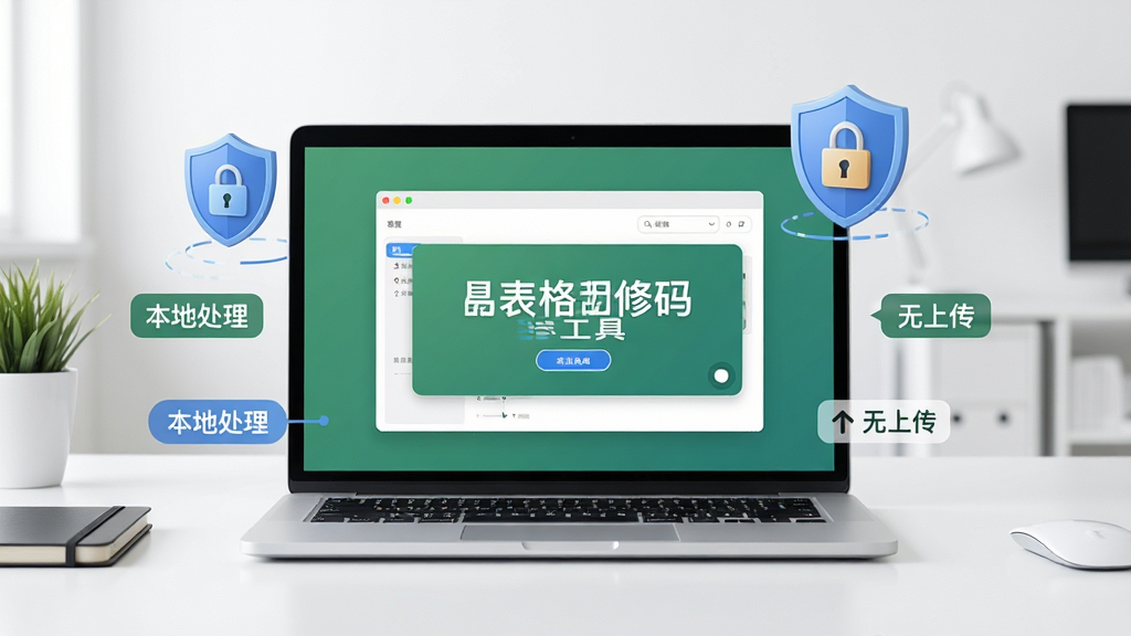 一张体现「Excel表格乱码修复工具」本地安全运行的示意图,画面中是一台笔记本电脑屏幕显示修复完成界面,周围有盾牌与锁形图标,背景为干净的办公桌面,布局采用居中构图,风格简约安全主题,细节包含“本地处理”“无上传”字样标签,画质清晰,无多余元素