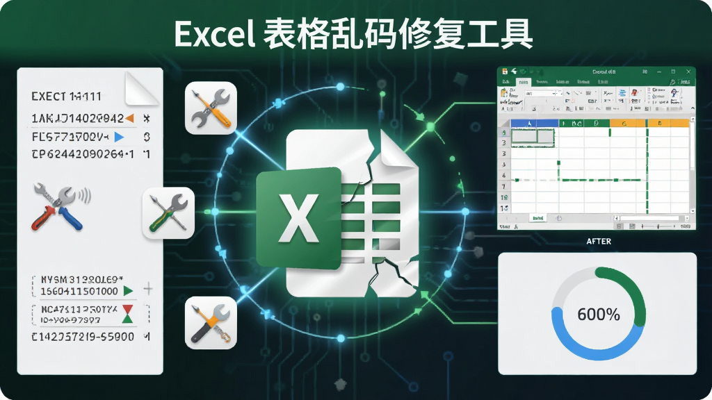 一张表现「Excel表格乱码修复工具」文件修复过程的示意图,画面中央是一个破损的Excel文件图标,周围有工具图标与修复光线环绕,右侧显示修复后完整的表格界面,布局采用中心对称构图,风格偏向专业工具类视觉,细节包含文件头字节示意与进度环,画质干净,无多余元素