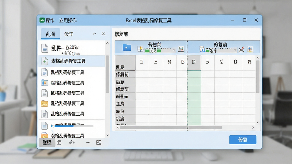 一张干净简洁的软件界面预览图,画面中央是「Excel表格乱码修复工具」的主操作窗口,左侧显示乱码文件列表,右侧展示修复前后的对比表格,整体布局清晰,采用浅蓝与白色搭配的商务风格,细节包含文件图标、进度条与修复按钮,画质高清,无多余元素