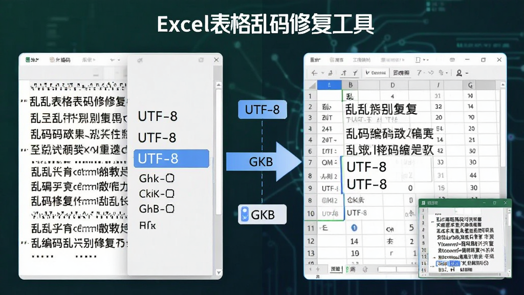 一张展示「Excel表格乱码修复工具」编码识别功能的示意图,画面中左侧是乱码文本区域,右侧是正常中文表格,中间有转换箭头与编码标签「UTF-8」「GBK」等,布局采用左右对比排版,风格简洁科技感,细节包含高亮选中的编码选项与预览小窗,画质清晰,无多余元素