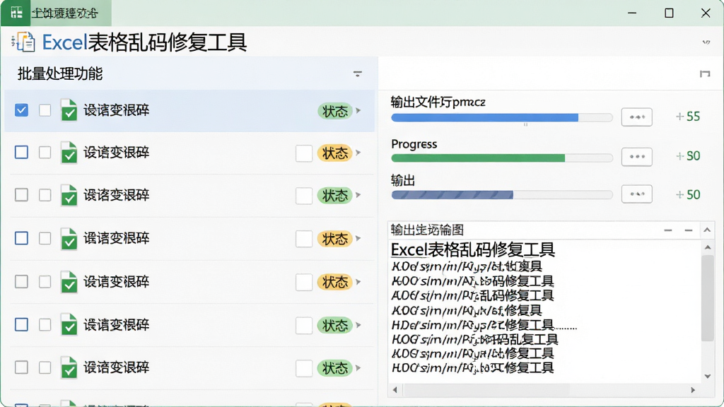 一张展示「Excel表格乱码修复工具」批量处理功能的界面图,画面中显示多个文件排队列表、进度条与输出文件夹路径,布局采用纵向列表排版,风格清爽商务,细节包含勾选框、状态标签与日志窗口,画质高清,无多余元素