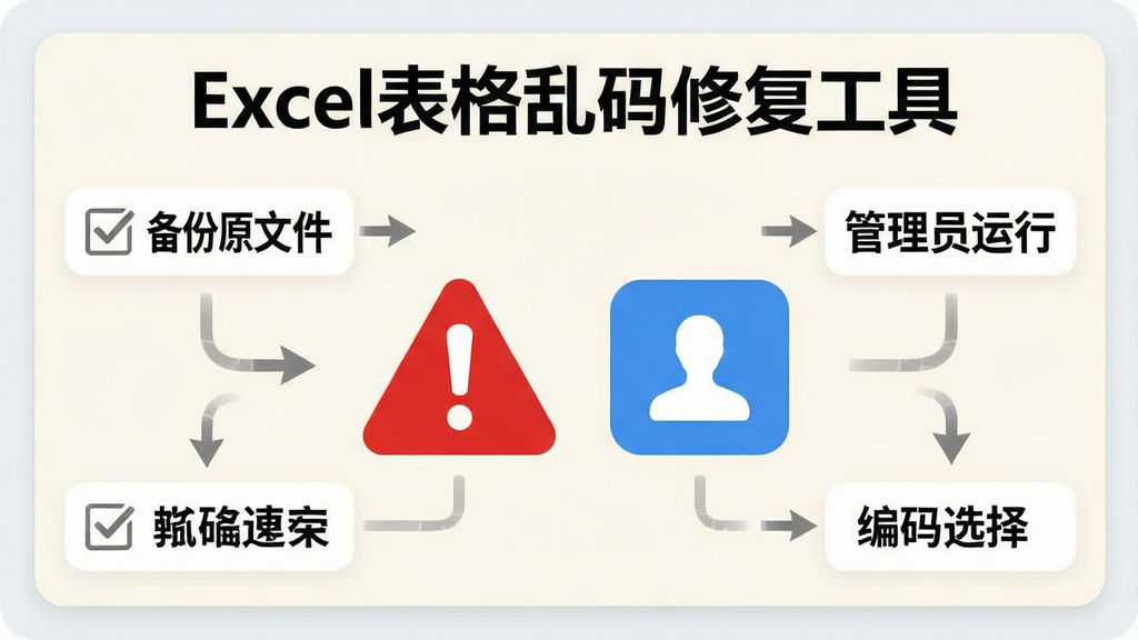 一张展示「Excel表格乱码修复工具」使用注意事项的图文提示卡,画面以浅色背景为主,中央有醒目的红色警告图标与蓝色提示图标,周围环绕文字标签如“备份原文件”“管理员运行”“编码选择”,布局采用卡片式排版,风格简洁易懂,细节包含勾选框与箭头指引,画质清晰,无多余元素
