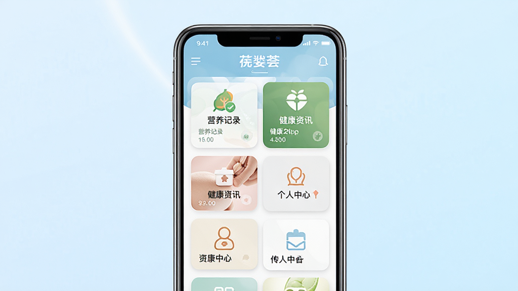 一张展示葆婴荟手机应用主界面的预览图,画面中央放置一部现代智能手机,屏幕显示葆婴荟应用首页的卡片式布局,包含营养记录、健康资讯、个人中心等模块图标,背景为淡蓝色渐变,风格清新简洁,细节清晰,画质干净,无多余元素