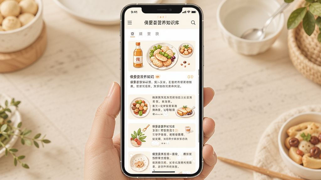 葆婴荟营养知识库页面展示图,手机屏幕显示图文混排的文章列表,每篇文章配有精致的食物插画,整体排版疏朗,色调温暖,风格亲切自然,画质干净,无多余元素