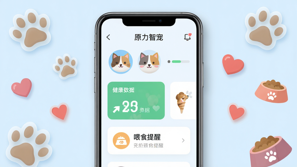 画面中央展示一部智能手机,屏幕显示“原力智宠”应用主界面,界面内包含宠物头像、健康数据卡片和喂食提醒图标。手机周围环绕卡通风格的猫狗爪印、爱心和食盆元素,背景为柔和的浅蓝色渐变。布局采用居中对称排版,风格清新扁平化,细节上手机边缘有轻微阴影,爪印带有半透明质感。画质清晰,画面干净,无多余元素。